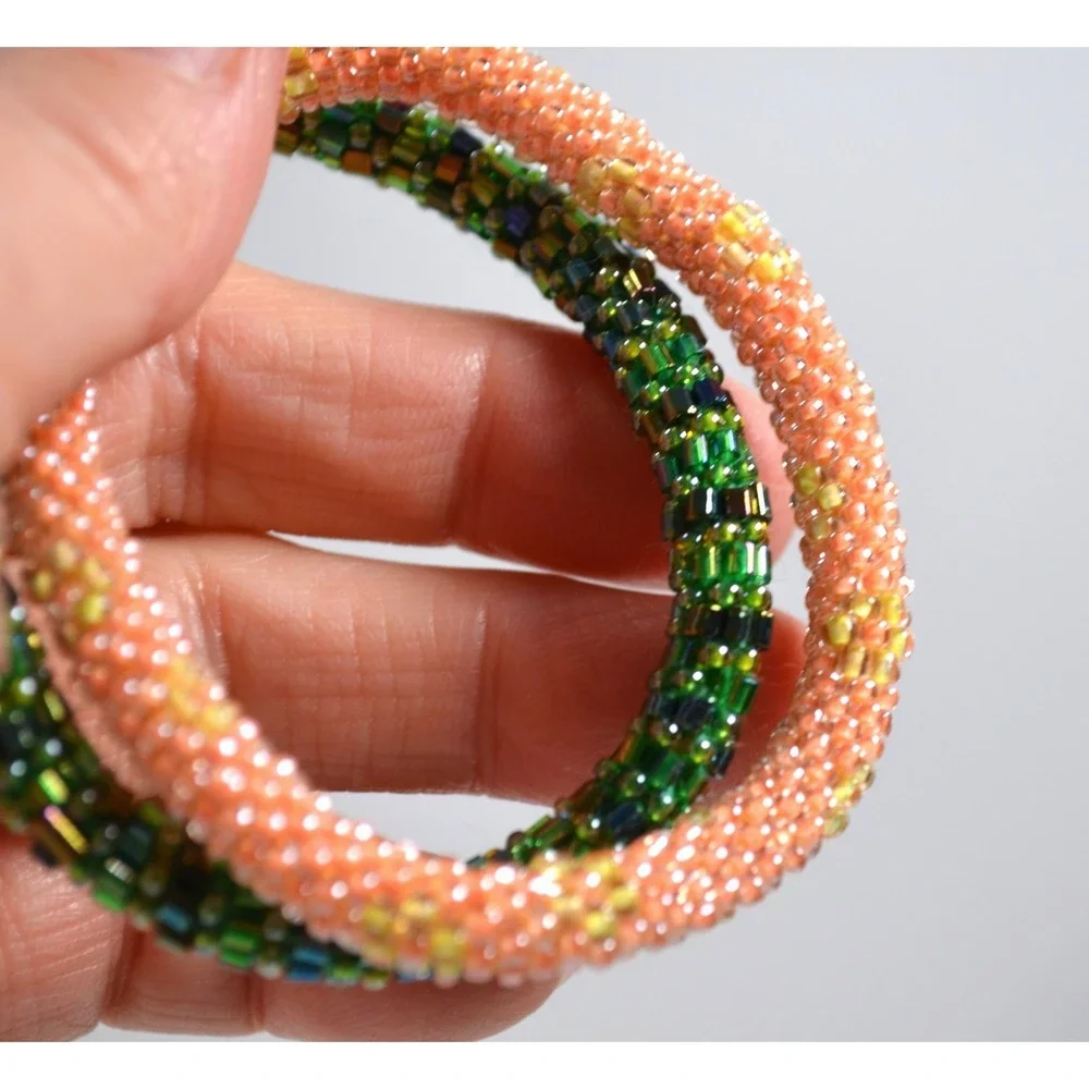 Pair of 2‎ Stretch Beaded Bracelets Orange and Green 5